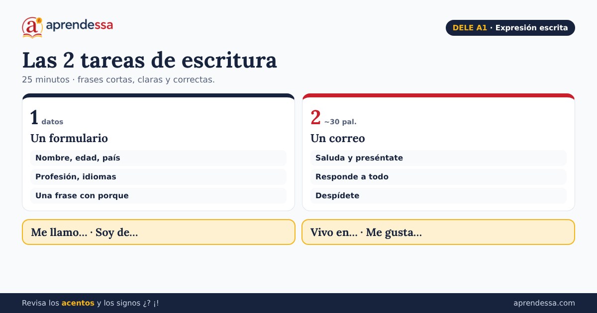 DELE A1 expresión escrita: rellenar un formulario en español, escritura A1 y un correo para presentarte